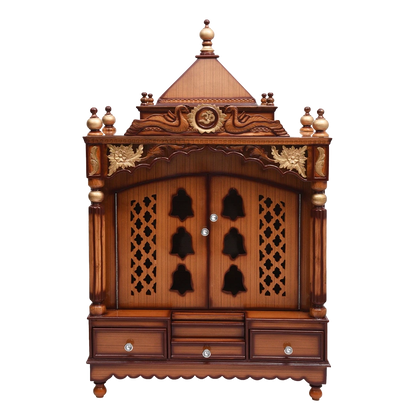 Pooja Graham Large Floor Rested Pooja Mandir/Wooden temple with doors for home in Teak Gold color front view