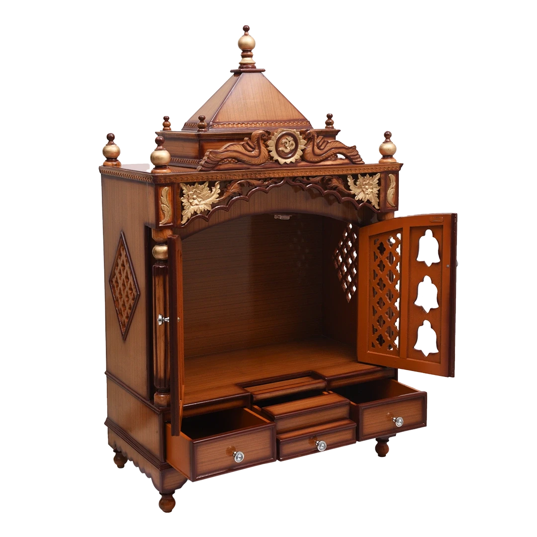 Pooja Graham Large Floor Rested Pooja Mandir/Wooden temple with doors for home in Teak Gold color 45° side view open drawers