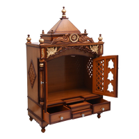 Pooja Graham Large Floor Rested Pooja Mandir/Wooden temple with doors for home in Teak Gold color 45° side view open drawers
