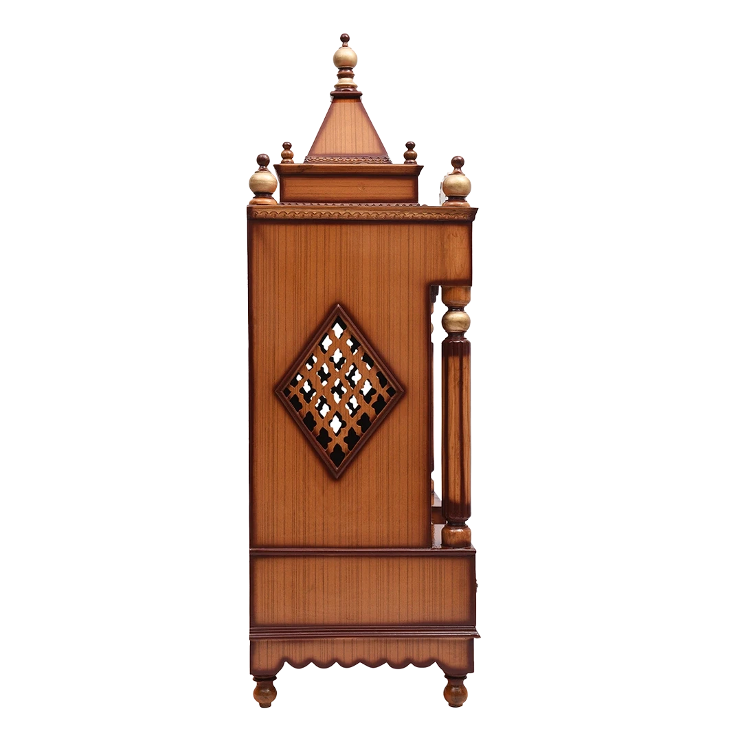 Pooja Graham Large Floor Rested Pooja Mandir/Wooden temple with doors for home in Teak Gold color side view featuring jali design and Pillars