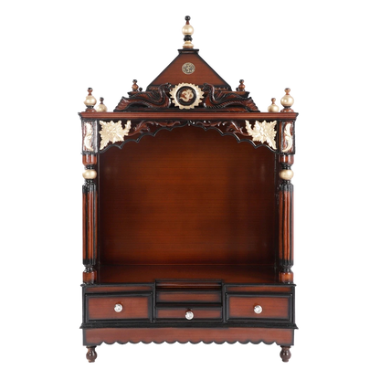 Pooja Graham Large Floor Rested Pooja Mandir/Wooden temple for home in Brown Gold color front view