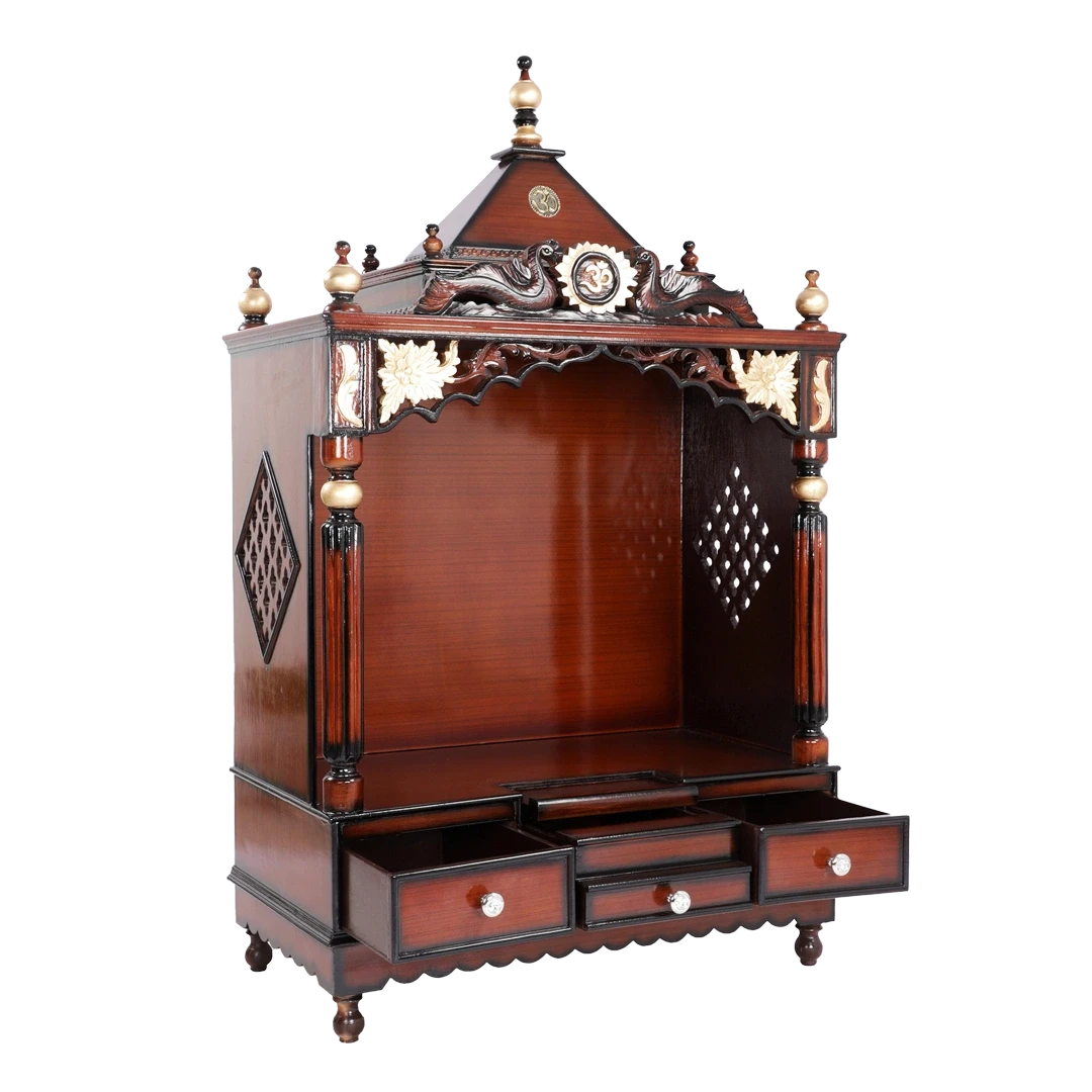 Pooja Graham Large Floor Rested Pooja Mandir/Wooden temple for home in Brown Gold color 45° side view open drawers