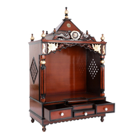 Pooja Graham Large Floor Rested Pooja Mandir/Wooden temple for home in Brown Gold color 45° side view open drawers