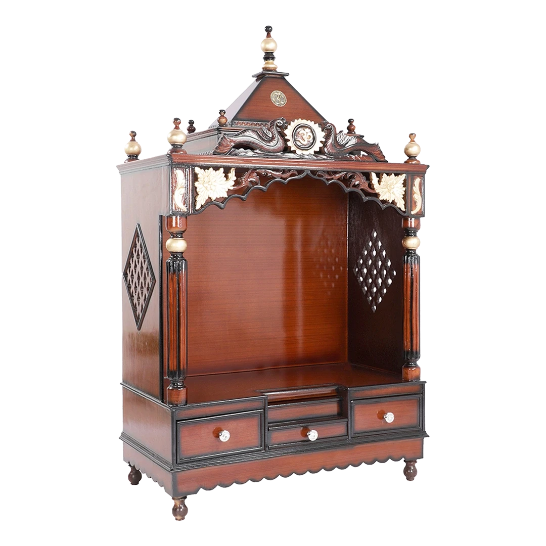 Pooja Graham Large Floor Rested Pooja Mandir/Wooden temple for home in Brown Gold color 45° side view