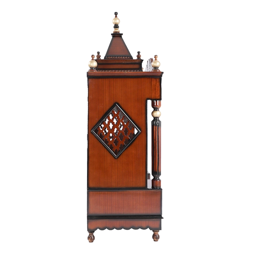 Pooja Graham Large Floor Rested Pooja Mandir/Wooden temple for home in Brown Gold color side view featuring jali design and Pillars