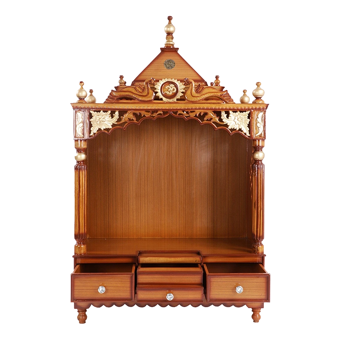 Pooja Graham Large Floor Rested Pooja Mandir/Wooden temple for home in Teak Gold color front view open drawers