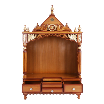 Pooja Graham Large Floor Rested Pooja Mandir/Wooden temple for home in Teak Gold color front view open drawers