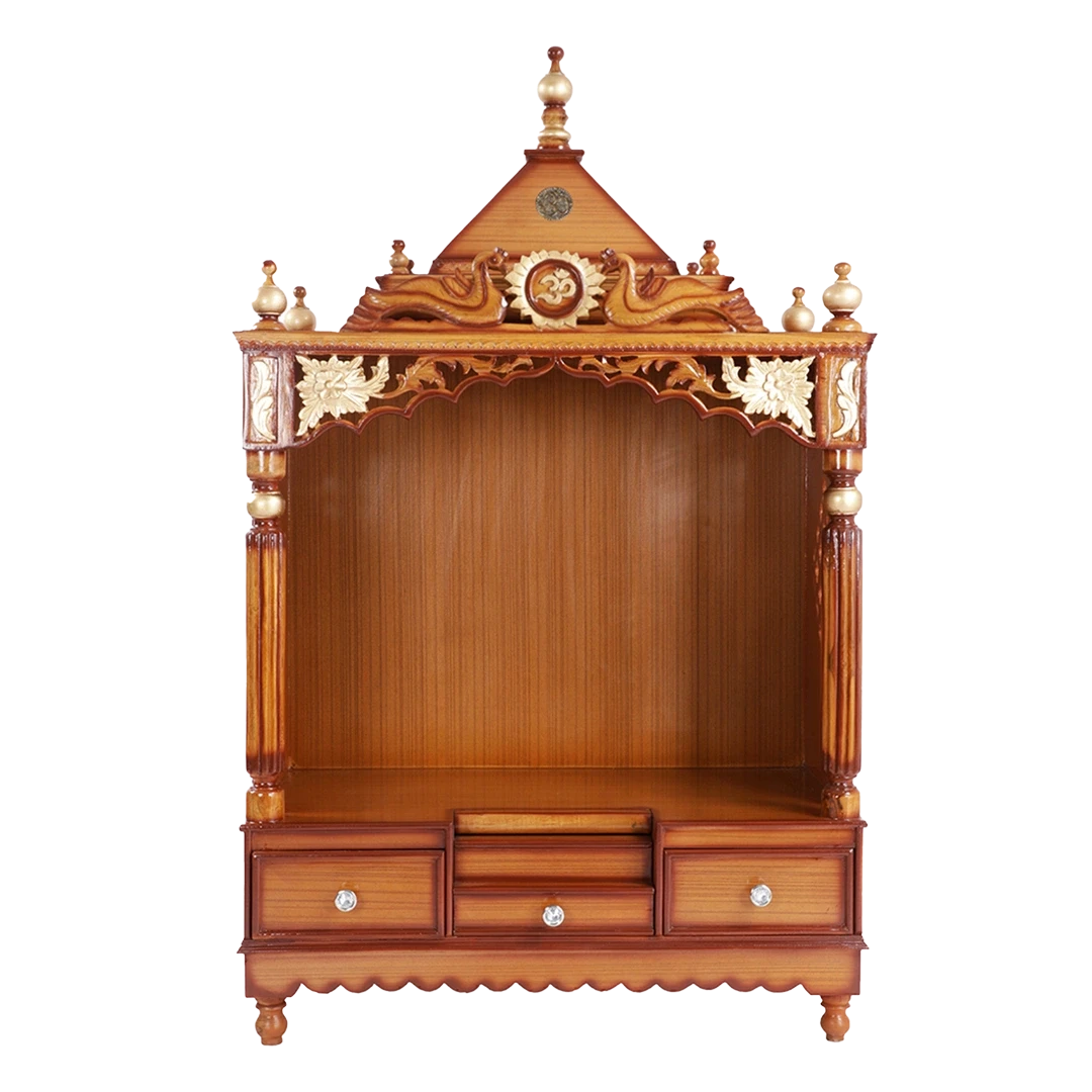 Pooja Graham Large Floor Rested Pooja Mandir/Wooden temple for home in Teak Gold color front view