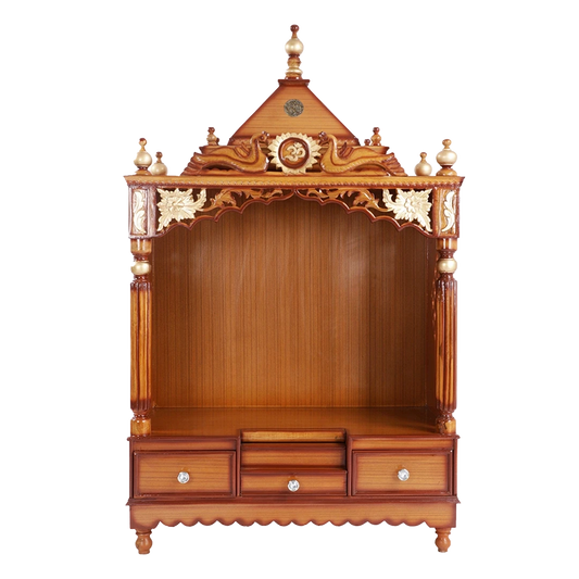 Pooja Graham Large Floor Rested Pooja Mandir/Wooden temple for home in Teak Gold color front view