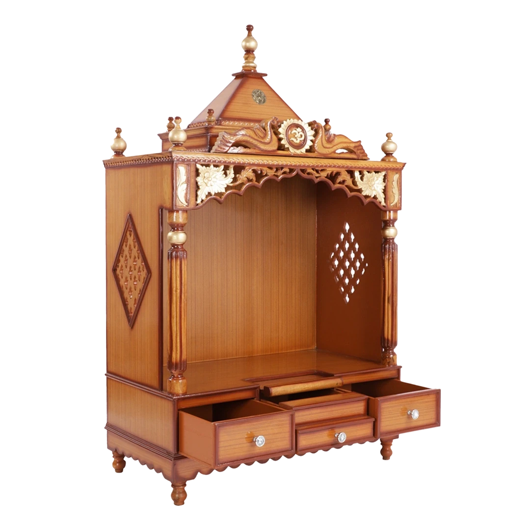 Pooja Graham Large Floor Rested Pooja Mandir/Wooden temple for home in Teak Gold color 45° side view open drawers