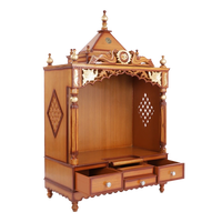 Pooja Graham Large Floor Rested Pooja Mandir/Wooden temple for home in Teak Gold color 45° side view open drawers