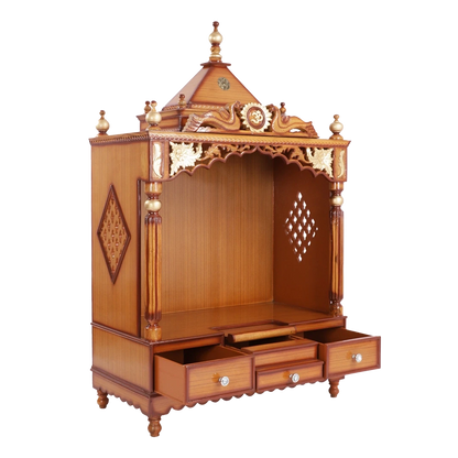 Pooja Graham Large Floor Rested Pooja Mandir/Wooden temple for home in Teak Gold color 45° side view open drawers