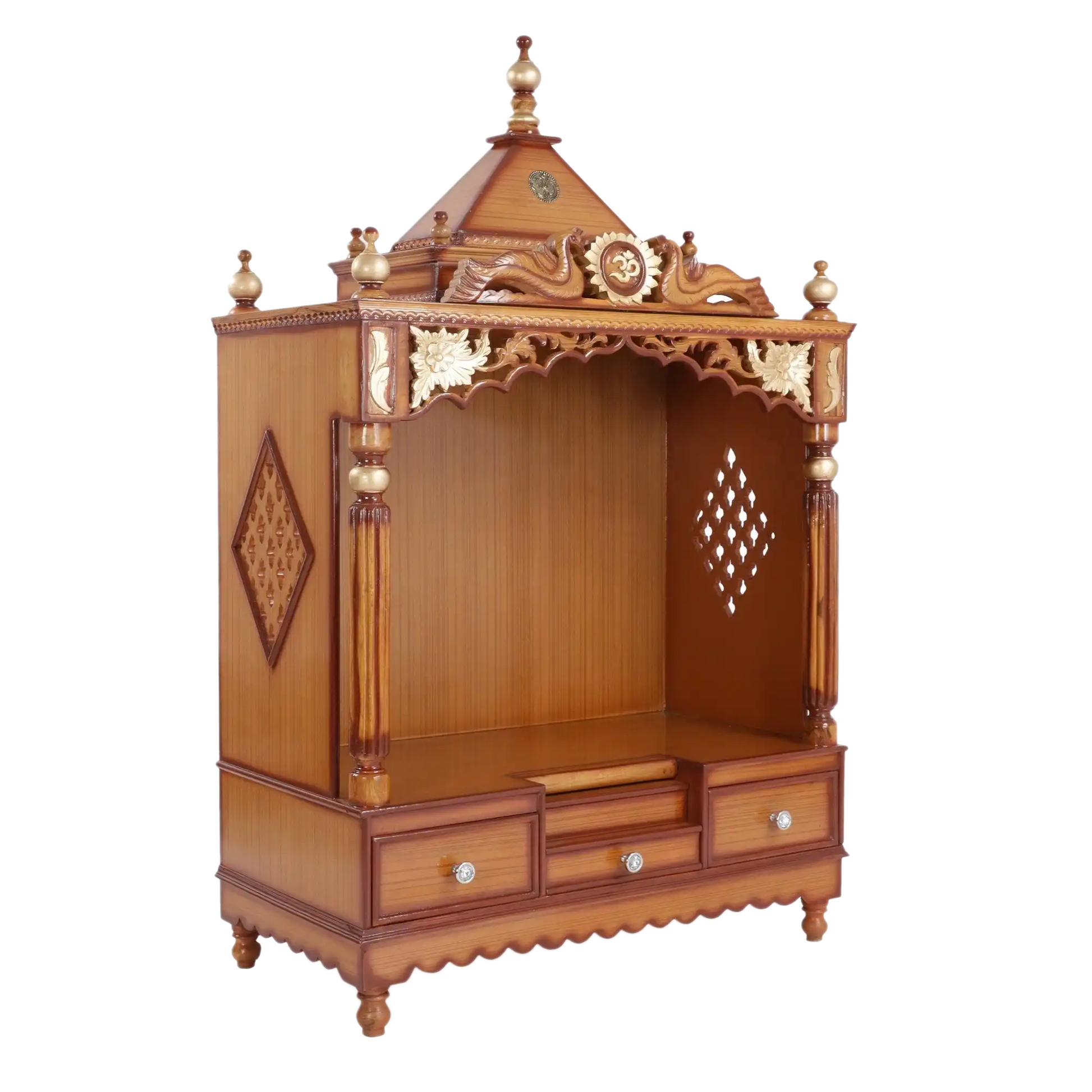 Pooja Graham Large Floor Rested Pooja Mandir/Wooden temple for home in Teak Gold color 45° side view