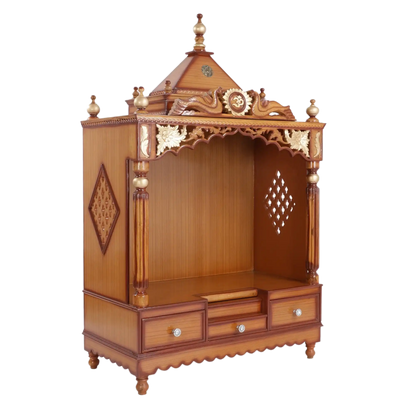 Pooja Graham Large Floor Rested Pooja Mandir/Wooden temple for home in Teak Gold color 45° side view