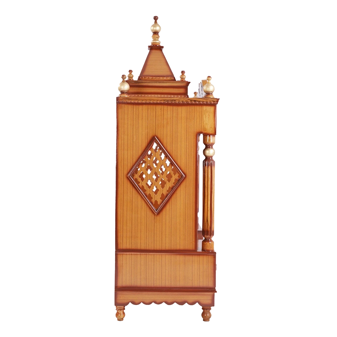 Pooja Graham Large Floor Rested Pooja Mandir/Wooden temple for home in Teak Gold color side view featuring jali design and Pillars