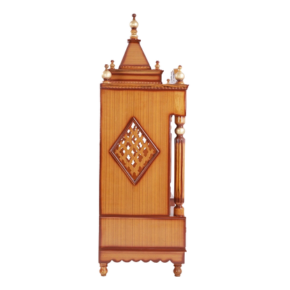 Pooja Graham Large Floor Rested Pooja Mandir/Wooden temple for home in Teak Gold color side view featuring jali design and Pillars