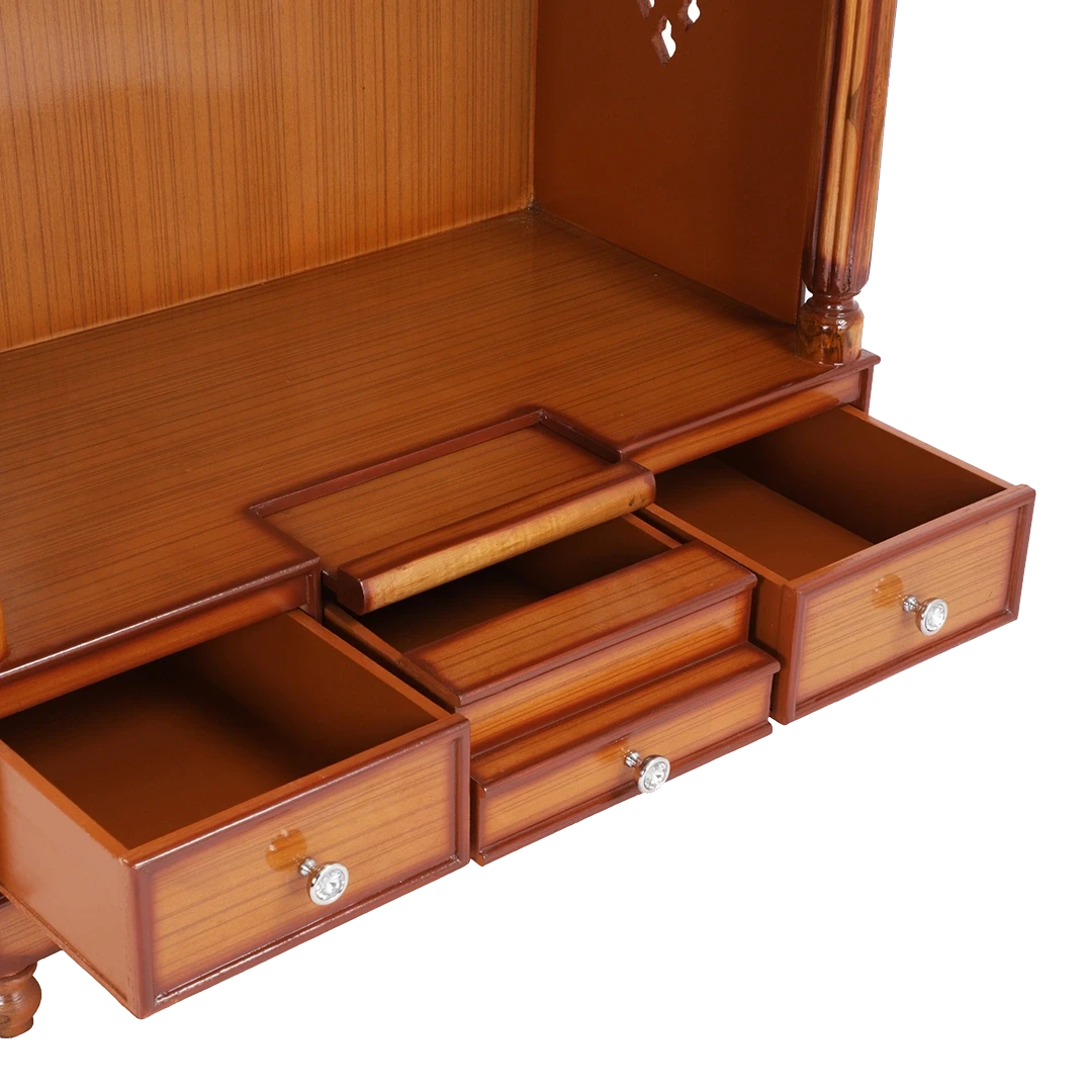 Pooja Graham Large Floor Rested Pooja Mandir/Wooden temple for home in Teak Gold color zoom view open drawers