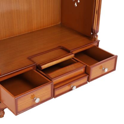 Pooja Graham Large Floor Rested Pooja Mandir/Wooden temple for home in Teak Gold color zoom view open drawers