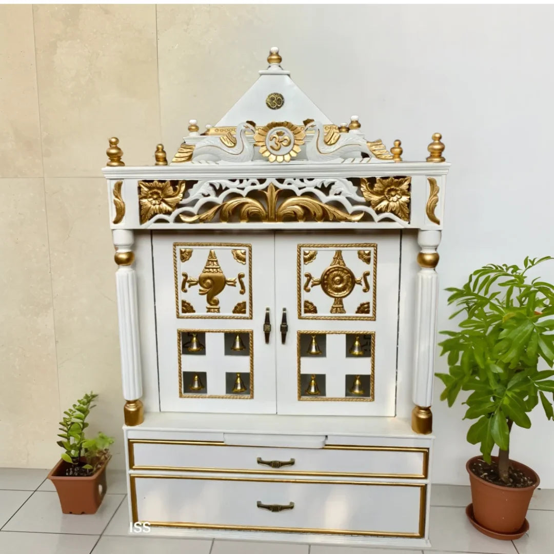 Prabhava Floor Rested Pooja Mandir with Door (White Gold) lifestyle view