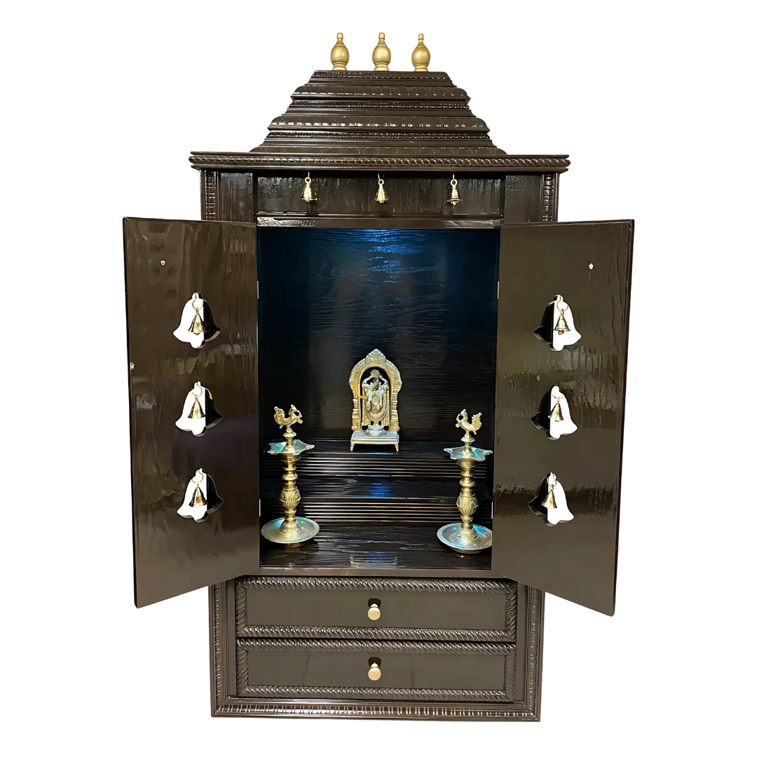 Prarthana Teak Wood Mandap (Dark Brown) open door view