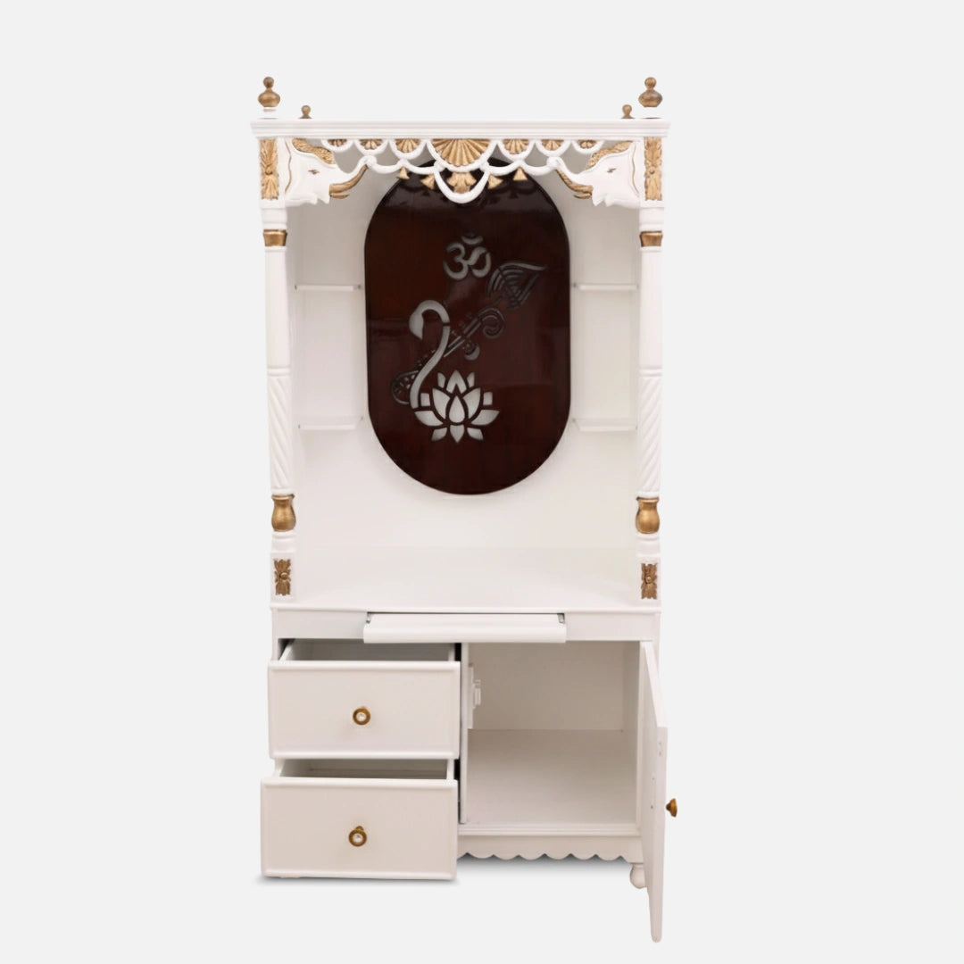 Prarthika Teak Wood Mandap (White) open drawer front view 