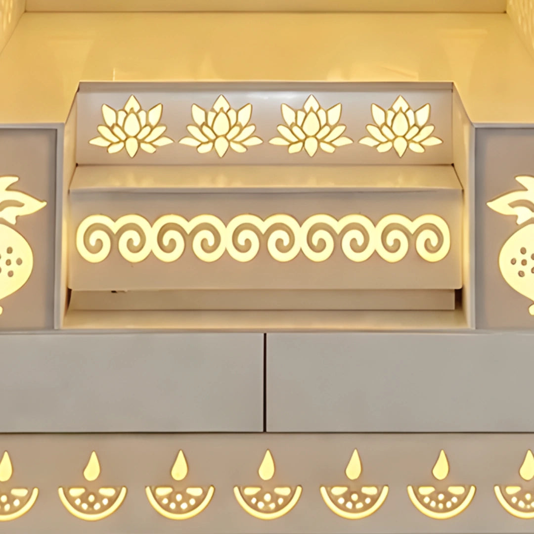 Prathesh Wooden Corian Mandir (White) drawers view 