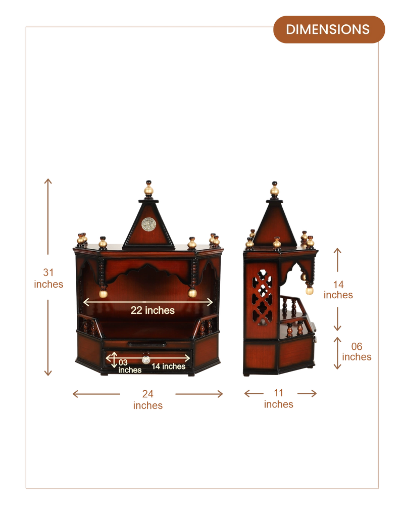 Pratishtha Solid Wood Wall Mount Pooja Mandir (Brown) dimensions