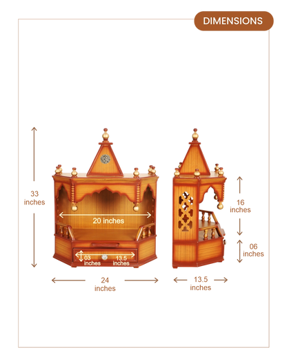 Pratishtha Solid Wood Wall Mount Pooja Mandir (Teak Gold) dimensions