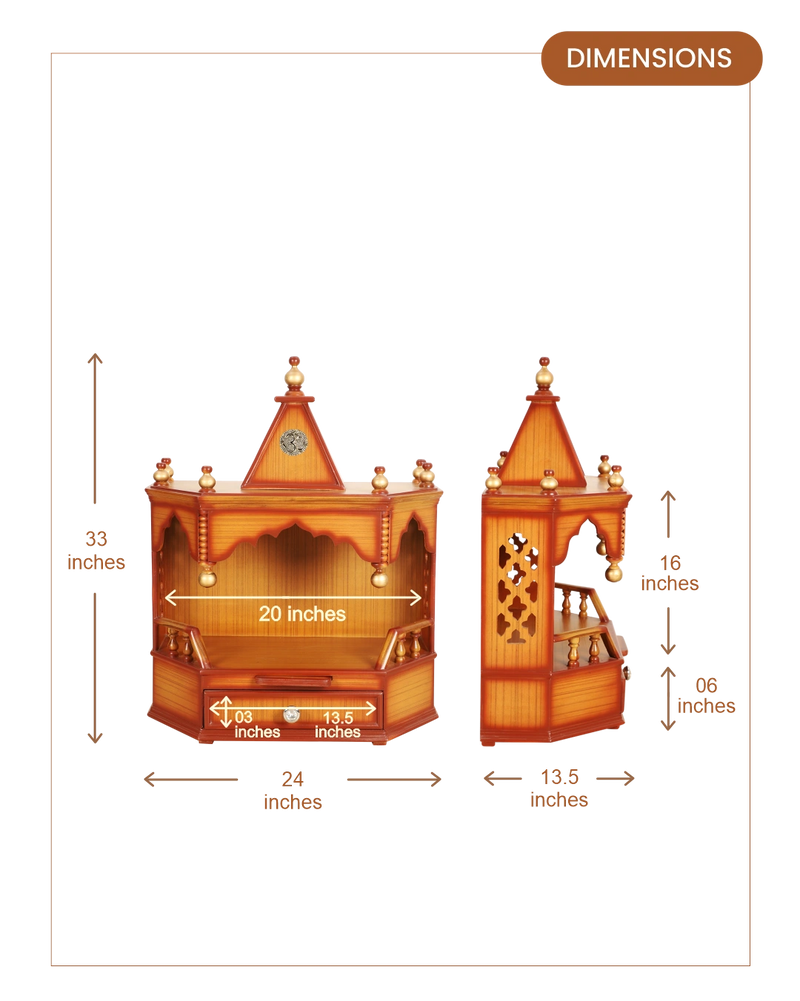 Pratishtha Solid Wood Wall Mount Pooja Mandir (Teak Gold) dimensions