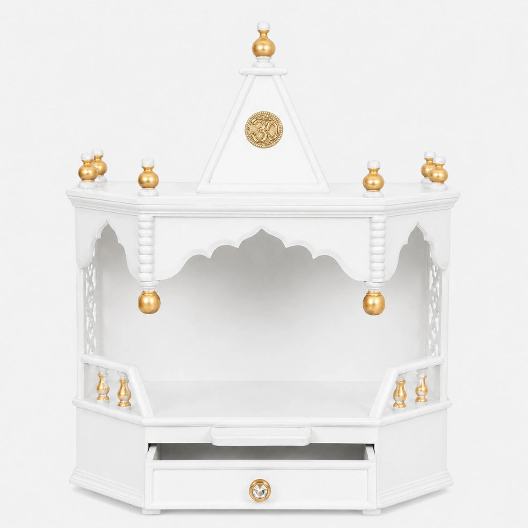 Pratishtha Solid Wood Wall Mount Pooja Mandir (White Gold) Front View with open drawer