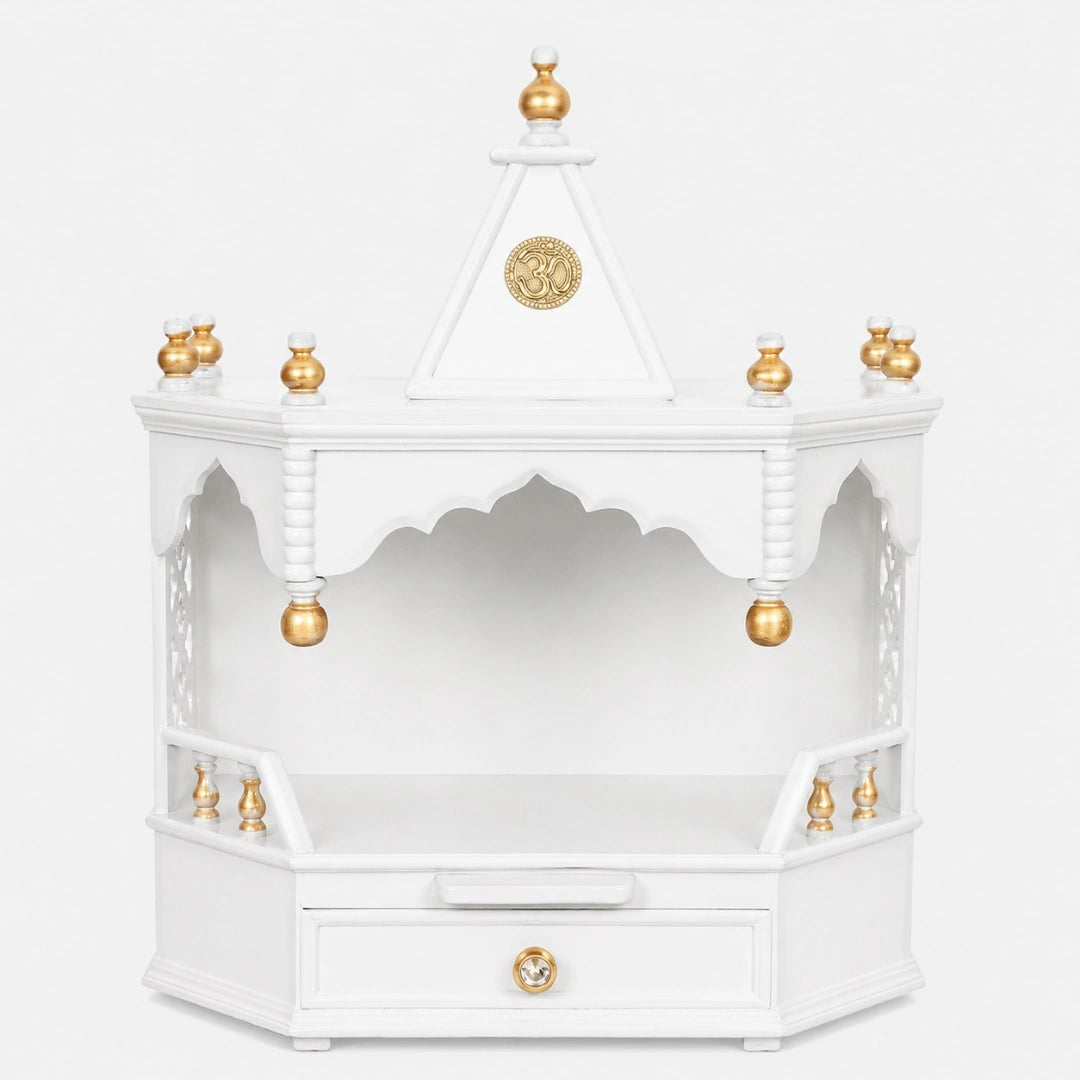 Pratishtha Solid Wood Wall Mount Pooja Mandir (White Gold) Front Angle
