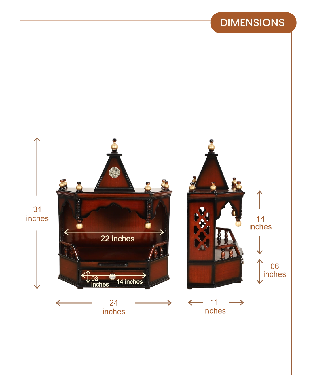 Pratishtha Solid Wood Wall Mount Pooja Mandir (Brown)