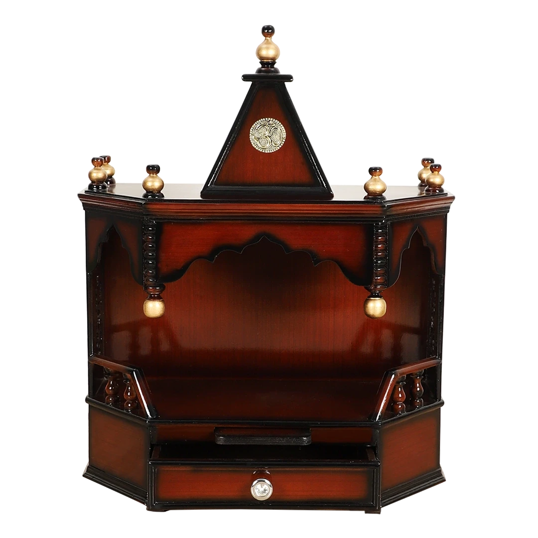Pratishtha Solid Wood Wall Mount Pooja Mandir/Wooden temple for home in Brown Gold color front view open drawer