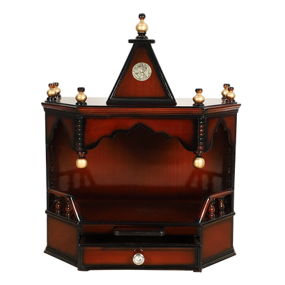 Pratishtha Solid Wood Wall Mount Pooja Mandir/Wooden temple for home in Brown Gold color front view open drawer