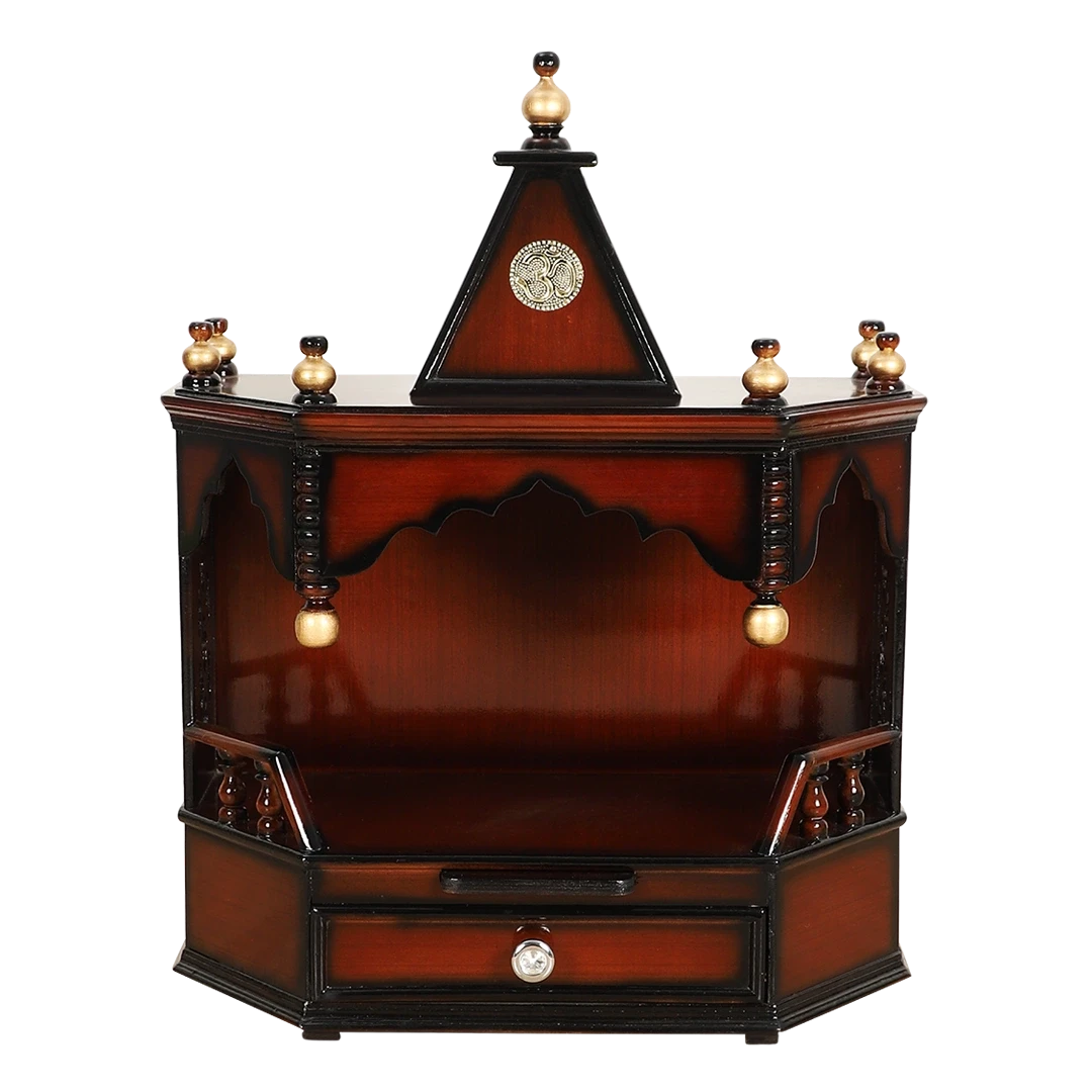 Pratishtha Solid Wood Wall Mount Pooja Mandir/Wooden temple for home in Brown Gold color front view