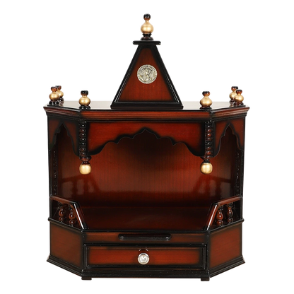 Pratishtha Solid Wood Wall Mount Pooja Mandir/Wooden temple for home in Brown Gold color front view