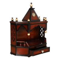 Pratishtha Solid Wood Wall Mount Pooja Mandir/Wooden temple for home in Brown Gold color 45° side view open drawer