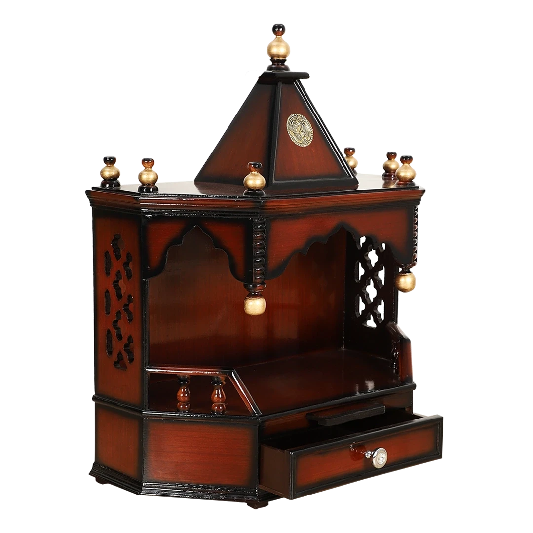 Pratishtha Solid Wood Wall Mount Pooja Mandir/Wooden temple for home in Brown Gold color 45° side view open drawer
