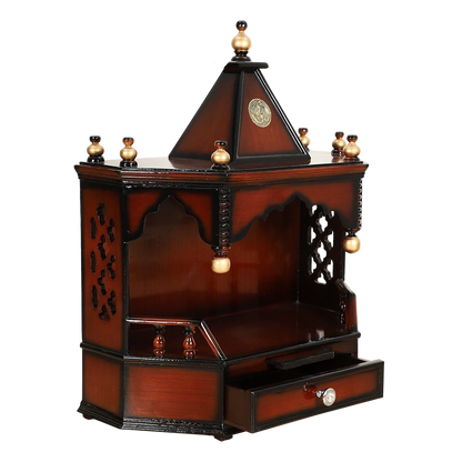 Pratishtha Solid Wood Wall Mount Pooja Mandir/Wooden temple for home in Brown Gold color 45° side view open drawer