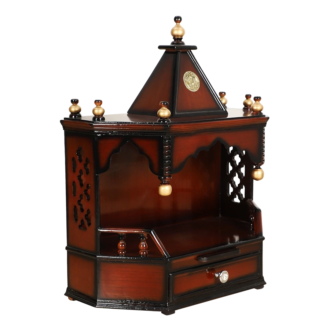 Pratishtha Solid Wood Wall Mount Pooja Mandir/Wooden temple for home in Brown Gold color 45° side view