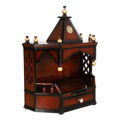 Pratishtha Solid Wood Wall Mount Pooja Mandir/Wooden temple for home in Brown Gold color 45° side view
