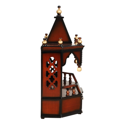 Pratishtha Solid Wood Wall Mount Pooja Mandir/Wooden temple for home in Brown Gold color side view featuring jali design