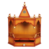 Pratishtha Solid Wood Wall Mount Pooja Mandir/Wooden temple for home in Teak Gold color front view open drawers