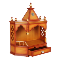Pratishtha Solid Wood Wall Mount Pooja Mandir/Wooden temple for home in Teak Gold color 45° side view open drawer