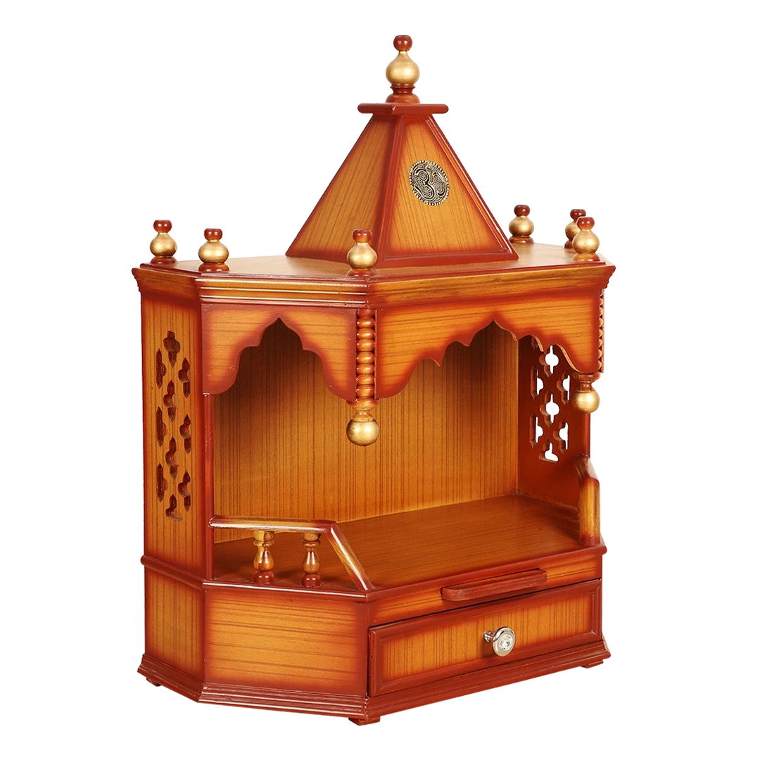 Pratishtha Solid Wood Wall Mount Pooja Mandir/Wooden temple for home in Teak Gold color 45° side view