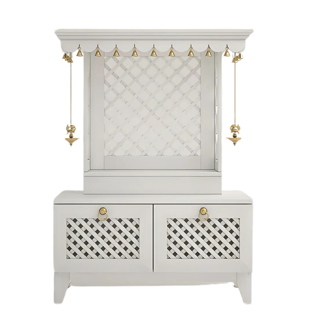 Pravaha Teak Wood Mandir without Door (White) Front View