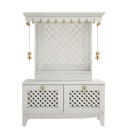 Pravaha Teak Wood Mandir without Door (White) Front View