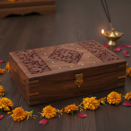Premium Teak Wood Pooja Box (Large)