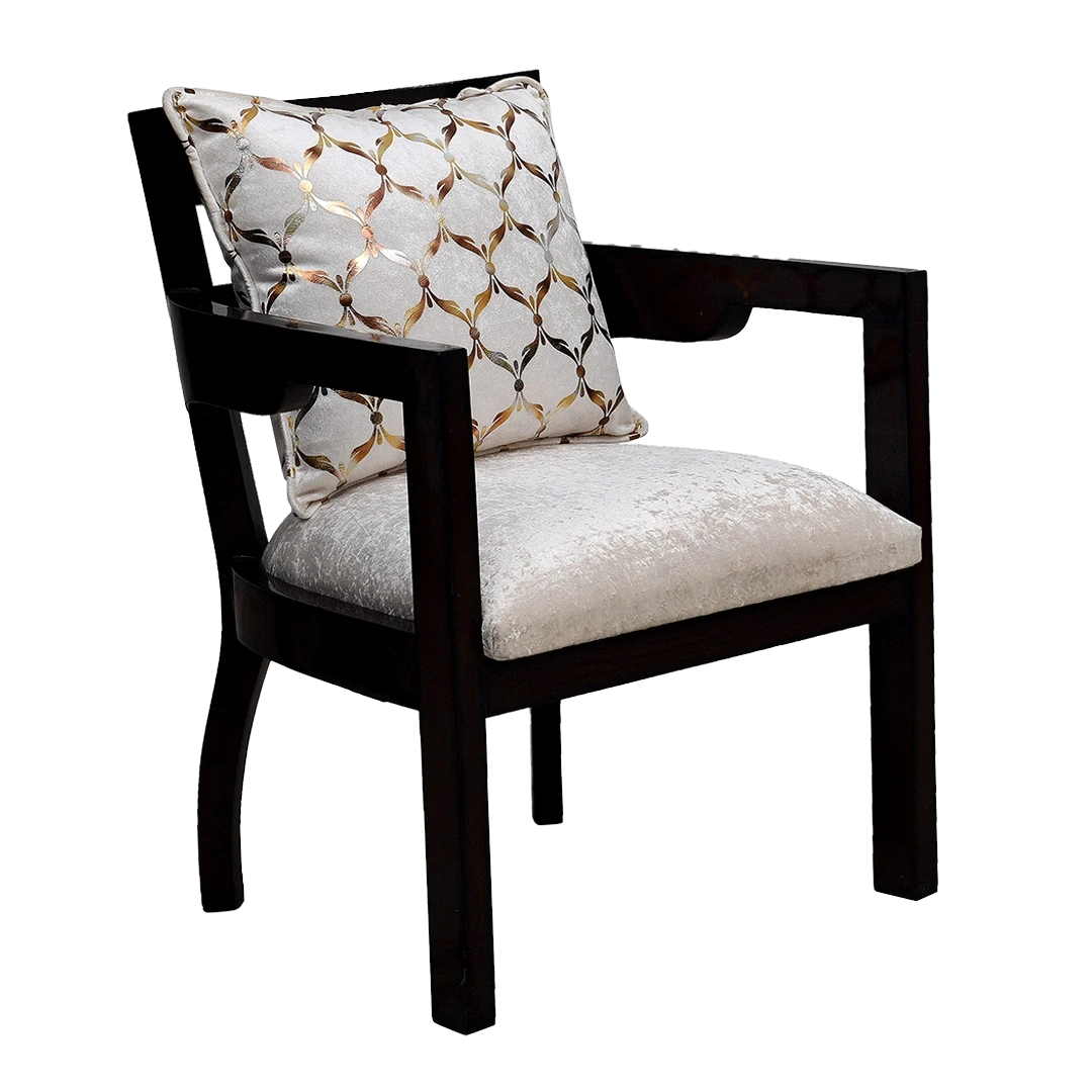 Projakto Teak Wood Fabric Upholstered Arm Chair in Brown Silver color 45° side view