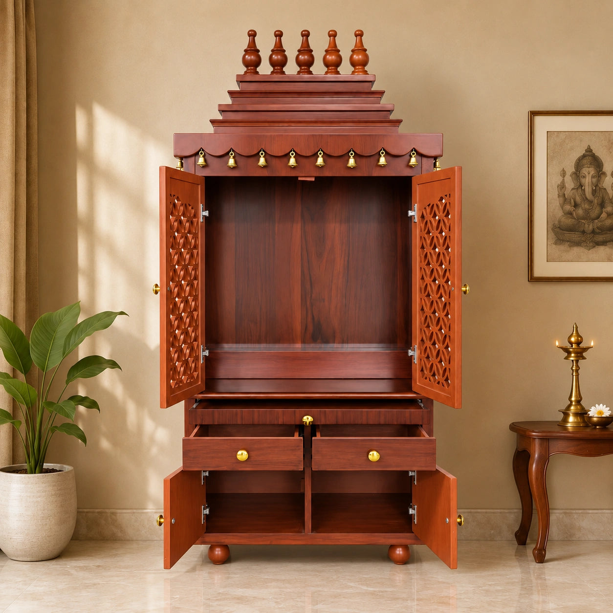 Pujadwar Teak Wood Pooja Mandap With Doors (Teak) Open Drawers Vew